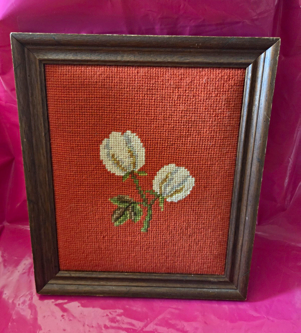 Vtg Framed Needlepoint White Cotton Blossom Design on Rust/Orange, 8 x 10